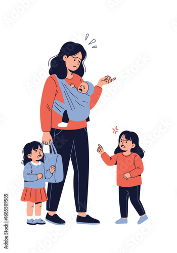 Mother feeling stressed and overwhelmed with her two young children and baby carrier