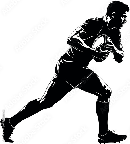 Vector vector art of rugby player running with ball, black and white silhouette transparent background