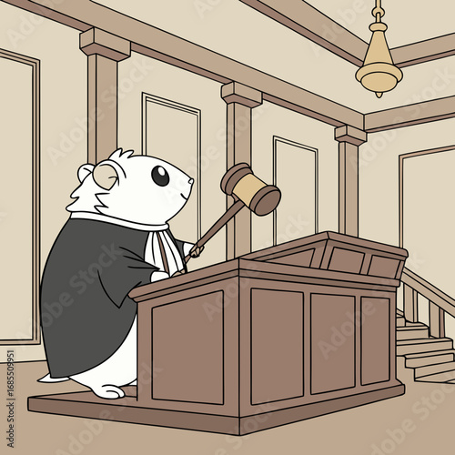 Adorable hamster judge presiding over courtroom proceedings with a gavel, a whimsical legal concept, perfect for humorous content