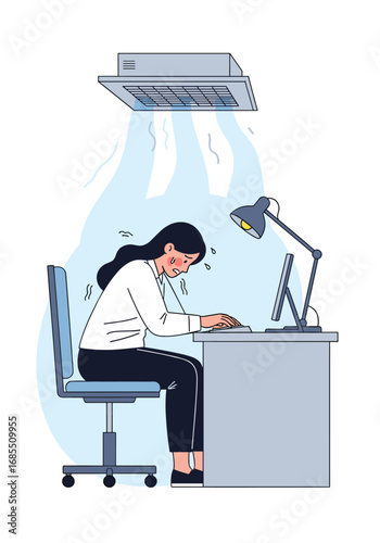 Woman suffering from heat exhaustion at her office desk while working on computer