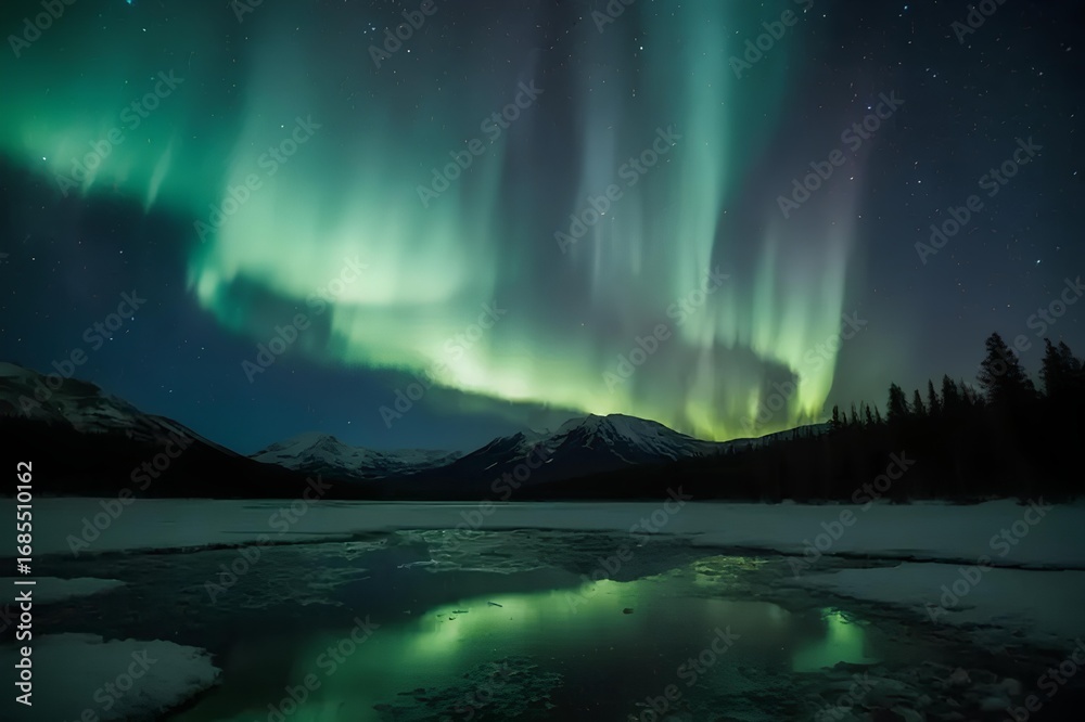 Naklejka premium Ethereal green ribbons of the aurora borealis dance across a starry night sky, reflecting on a frozen lake framed by winter mountains. A serene, cosmic scene for dreamy wall art.