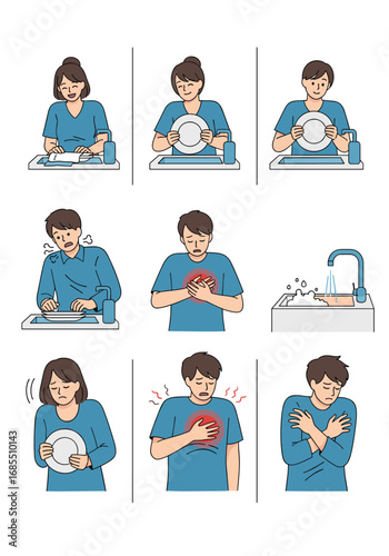Illustrations of men and women experiencing pain while doing household chores leading to health concerns
