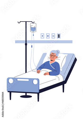 Patient receiving medical treatment in hospital bed with iv drip and monitor