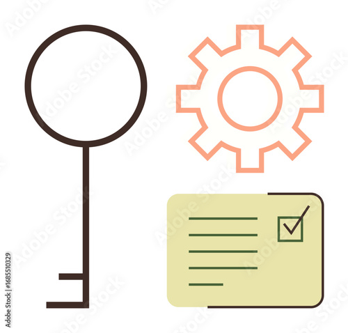 Key highlighting solutions, gear symbolizing processes, and checklist card for task completion. Ideal for problem-solving, workflow management, planning, productivity, innovation, strategy simple