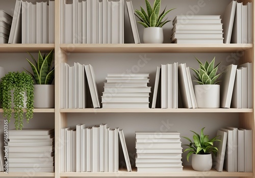 Minimalist wooden bookshelf with organized white cover books and green houseplants for a modern home interior background