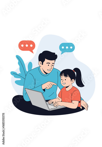 Father and daughter learning together on a laptop with speech bubbles indicating communication