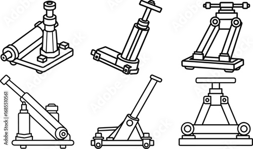 Set of hydraulic jack outline vector illustration line art