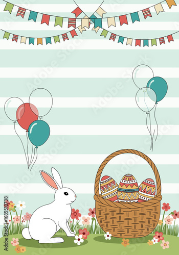 Happy easter celebration spring festival cute bunny basket balloons flowers party