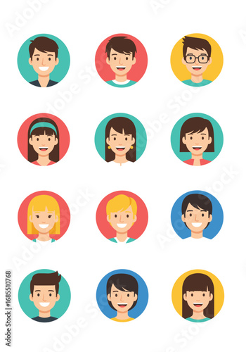 Diverse group of people avatars in circular frames representing different ages and genders