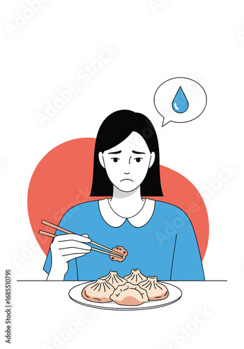 Worried woman eating dumplings feeling thirsty and dehydrated with a droplet icon above