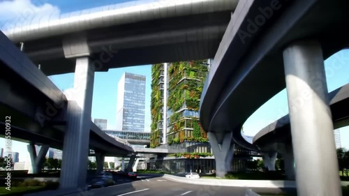 A futuristic cityscape presents a network of elevated roadways and modern architecture under a clear blue sky, showcasing urban development.