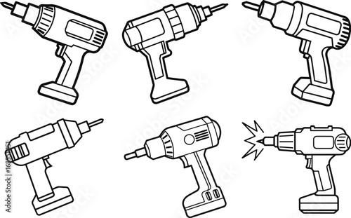 Set of impact driver outline vector illustration line art