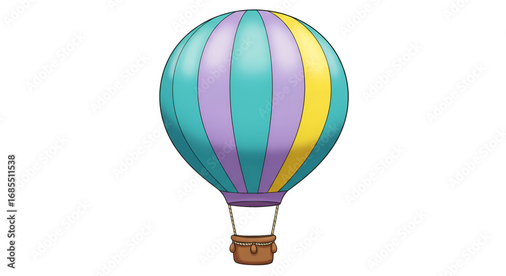 Fototapeta premium A Dreamy Flight: A vibrant hot air balloon, painted in pastel hues, ascends against a backdrop of endless blue skies, representing exploration, adventure, and the thrill of travel.