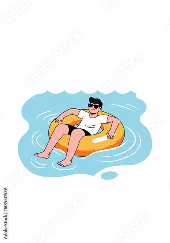 Relaxing man floating on inflatable tube in a swimming pool