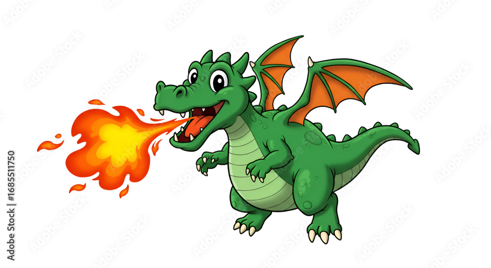 Obraz premium Fiery Dragon's Roar: A whimsical illustration of a green dragon breathing fire, capturing the magic of fantasy.