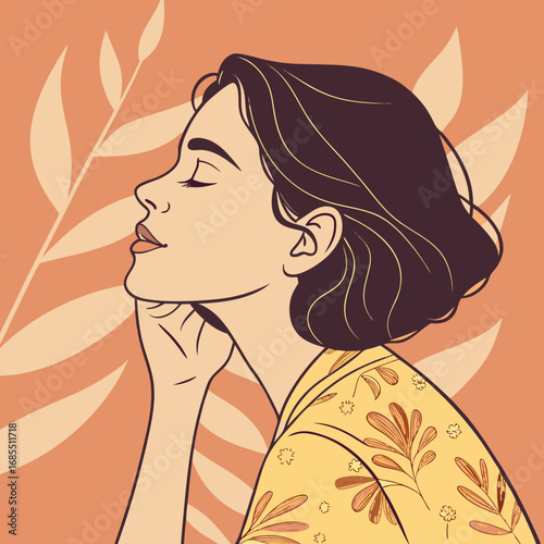 Elegant woman with eyes closed in thoughtful repose, adorned in floral patterned clothing, embracing serenity and inner peace.