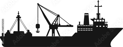 a cargo ship and the other a dredger with a crane and clamshell bucket