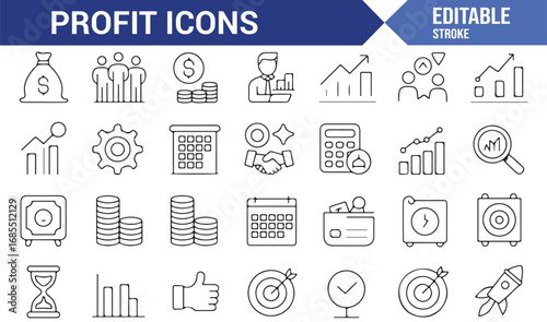 Editable stroke profit icons collection with business growth, investment, finance, and teamwork graphics