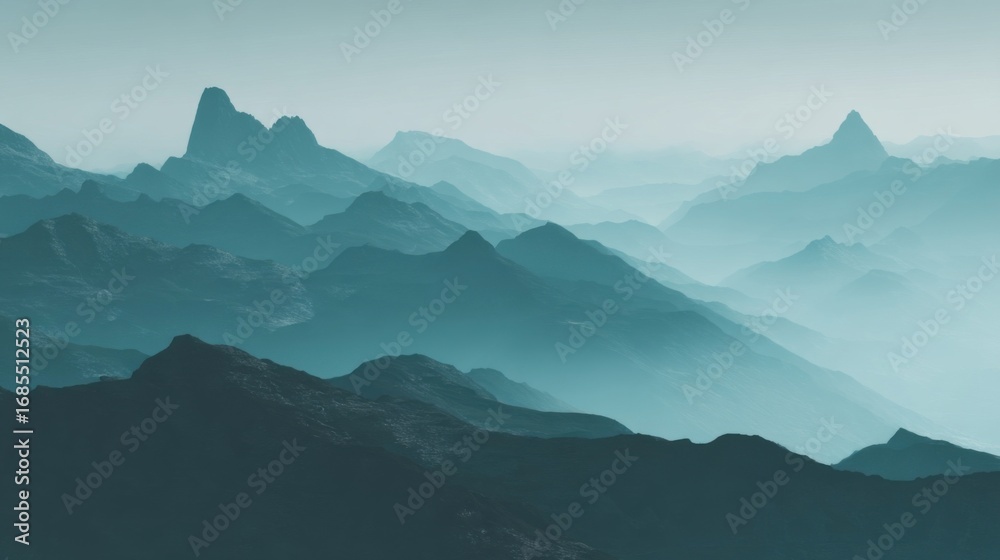 Naklejka premium Majestic misty mountains with layered peaks shrouded in fog, cool serene atmosphere with shades of blue and green,