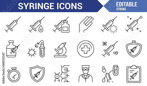 Healthcare syringe icons set in line art style with liquid, vial, research, and immunology illustrations