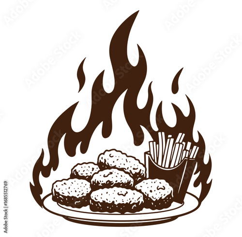 Vector illustration of delicious chicken nuggets and french fries with burning flames design