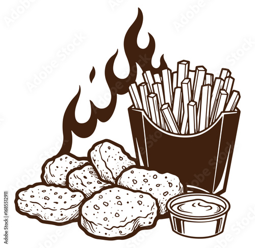 Vintage illustration of fast food meal with chicken nuggets french fries and dipping sauce