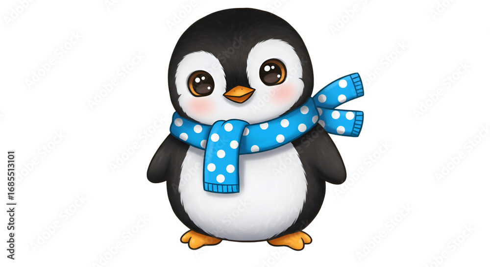 Obraz premium Cuddly Penguin with Blue Scarf: A charming penguin, sporting a stylish blue scarf, stands as a testament to the simple joys of life. capturing playful charm and endearing look.