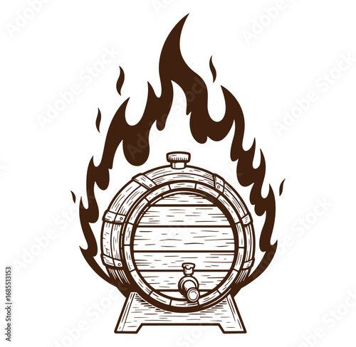 Vintage wood barrel surrounded by flames illustrating the concept of brewing or distillery