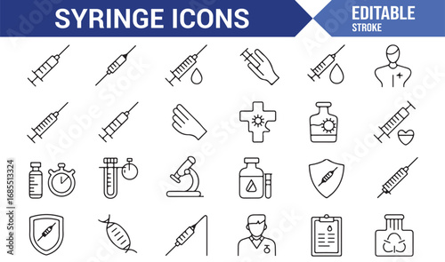 Stroke style syringe icons pack with vaccine, dose, hospital, epidemic, and medical treatment tools