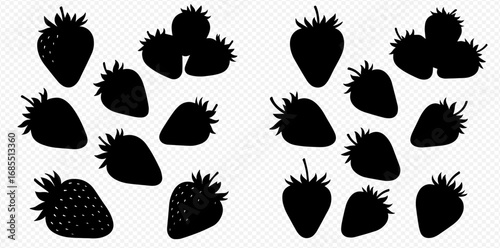 Black silhouettes of strawberries in various shapes and groupings on a transparent background.