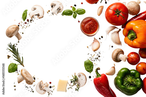 Colorful pizza ingredients arranged in a circular frame against a black background.  Fresh vegetables, mushrooms, herbs, spices, and tomato sauce form a border around a central empty space