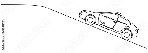 Continuous line art of a taxi driving uphill. Public transportation concept. Vector illustration.