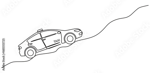 Continuous line art of a taxi driving on a winding, bumpy road. Public transportation concept. Vector illustration.