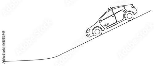 Continuous line art of a taxi driving down a slope. Public transportation concept. Vector illustration.