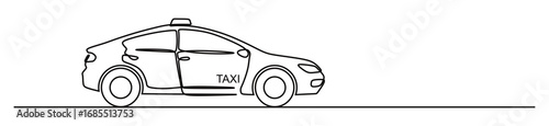 Continuous line art of a taxi driving on a flat road. Public transportation concept. Vector illustration.
