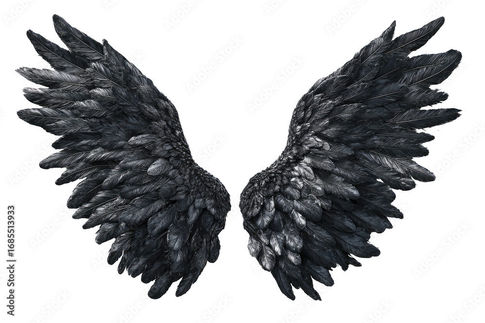 Obraz premium Dark, detailed wings, spread wide, appear almost metallic, in deep grey-black