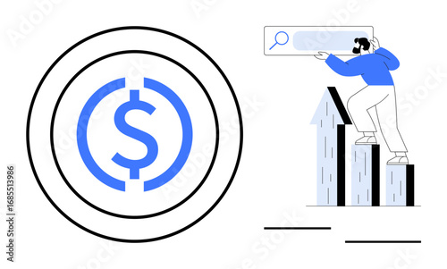 Large dollar sign inside circle, person climbing bar graph with magnifier in hand. Ideal for finance, investment, growth, business planning, data analysis, strategy savings. Simple flat metaphor