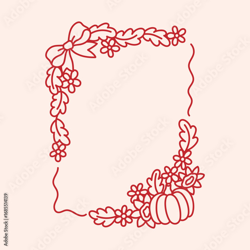 Fall frame of bowknot decorated pumpkin with leaves, cute flowers. Autumn holiday background. Vintage template for greeting card, invitation, social media. Coquette aesthetic