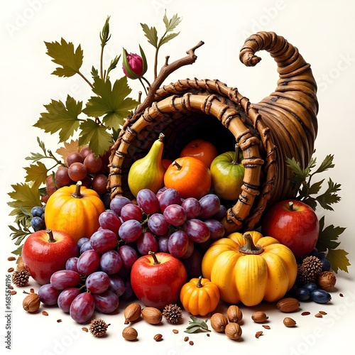 A cornucopia overflowing with fruits and vegetables, grapes, squash, apples, nuts, rustic texture.