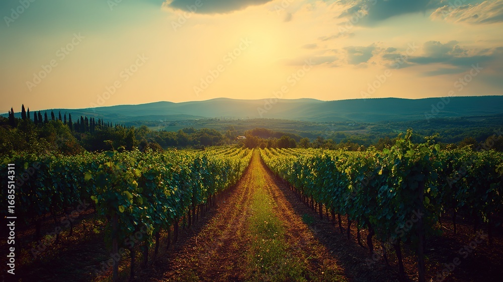 Fototapeta premium Wine theme hospitality background: golden hour vineyard aerial beauty, warm sunset light neat rows, soft distant hills effect