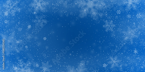 Magic background of falling snow flakes and snowflakes with ice particles and dust. Snowfall hurricane on light turquoise background. Vector illustration.