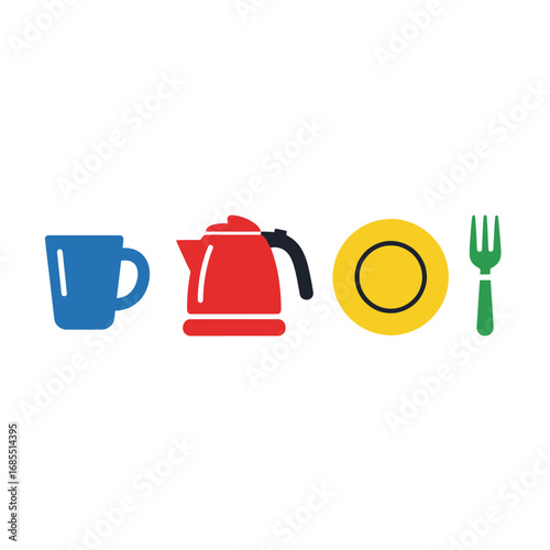 Colorful icons of a mug, kettle, plate, and fork, representing a simple breakfast or meal.