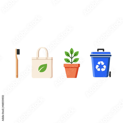 Sustainable living icons: bamboo toothbrush, reusable bag, potted plant, recycling bin.