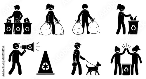 Vector art of stick figure pictogram of people doing environmental activities vector illustration