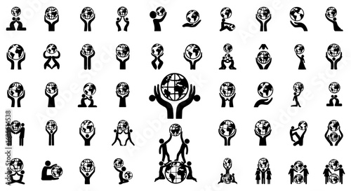 Vector art of collection of earth globe in hand icons vector illustration of world in hands