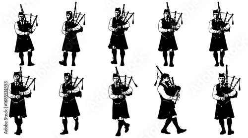 Vector art of bagpiper set of different bagpiper playing the bagpipes in traditional scottish dress icons