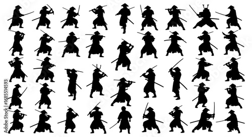 Vector art of silhouettes of samurai warriors in various fighting poses traditional japanese martial art