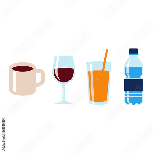 Simple icons depicting coffee, wine, juice, and water.