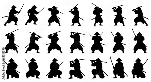 Vector art of silhouette of a samurai warrior in various poses with sword