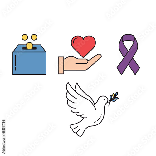 Donation, charity, compassion, peace, support symbols.